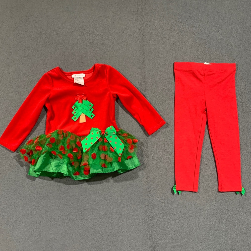 Bonnie Jean Red Christmas Tree Tutu Dress & Leggings Set Toddler 2T Holiday